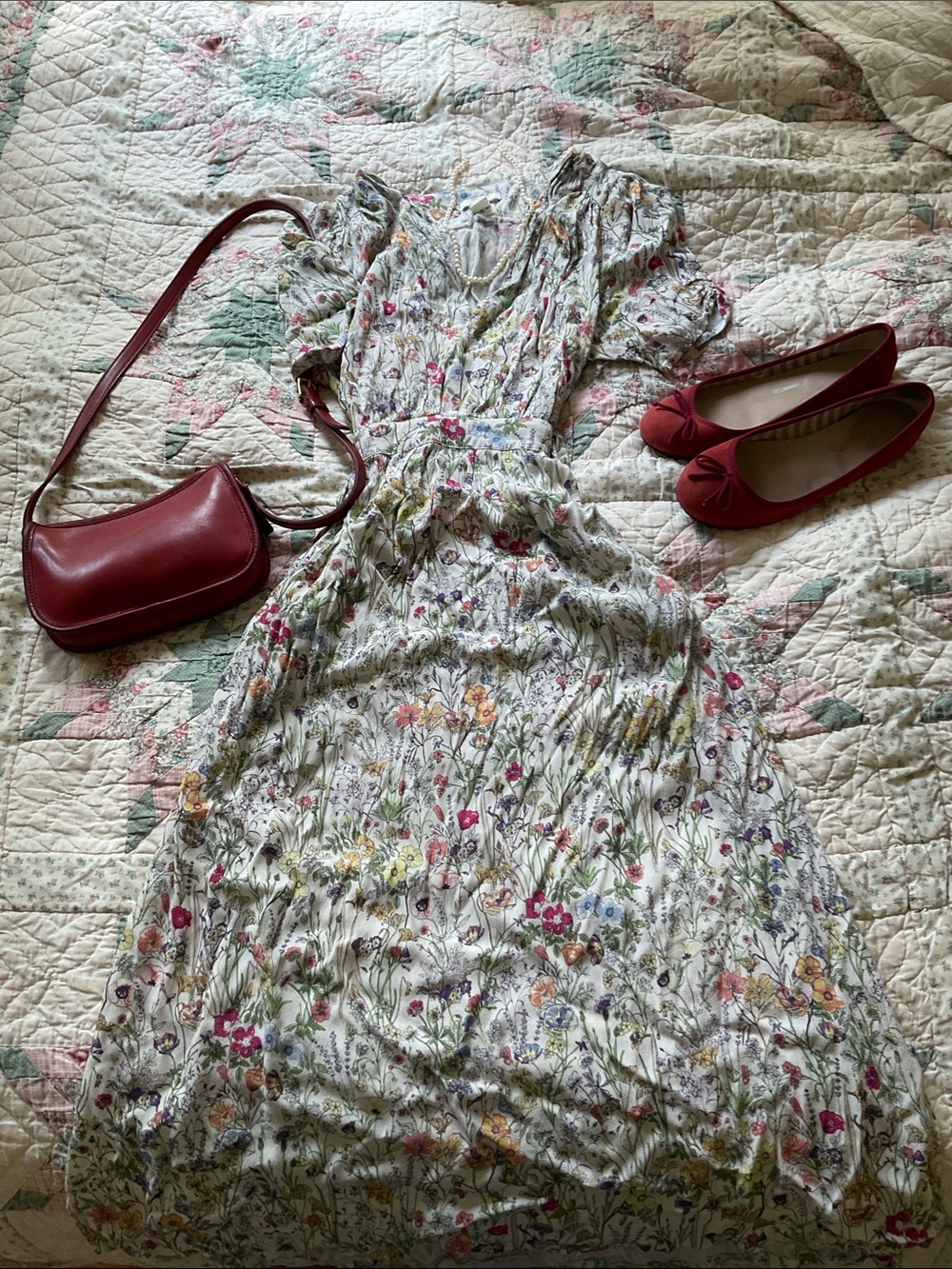 H&M Floral Print Maxi Dress - Cream with Pink, Yellow, Purple Accents
